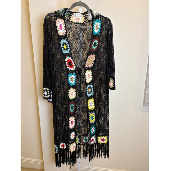 ASHA Womens Black Crochet Lace Fringe Boho Duster Kimono Festival Coverup NWOT - Picture 1 of 6
